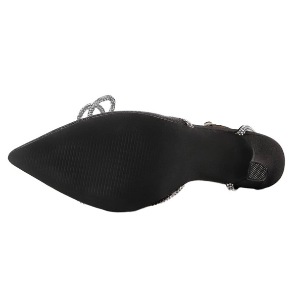 Black Wrap Slingback Rhinestone Embellished Bow Heeled Ankle Strap 3 7/8… - Picture 6 of 9